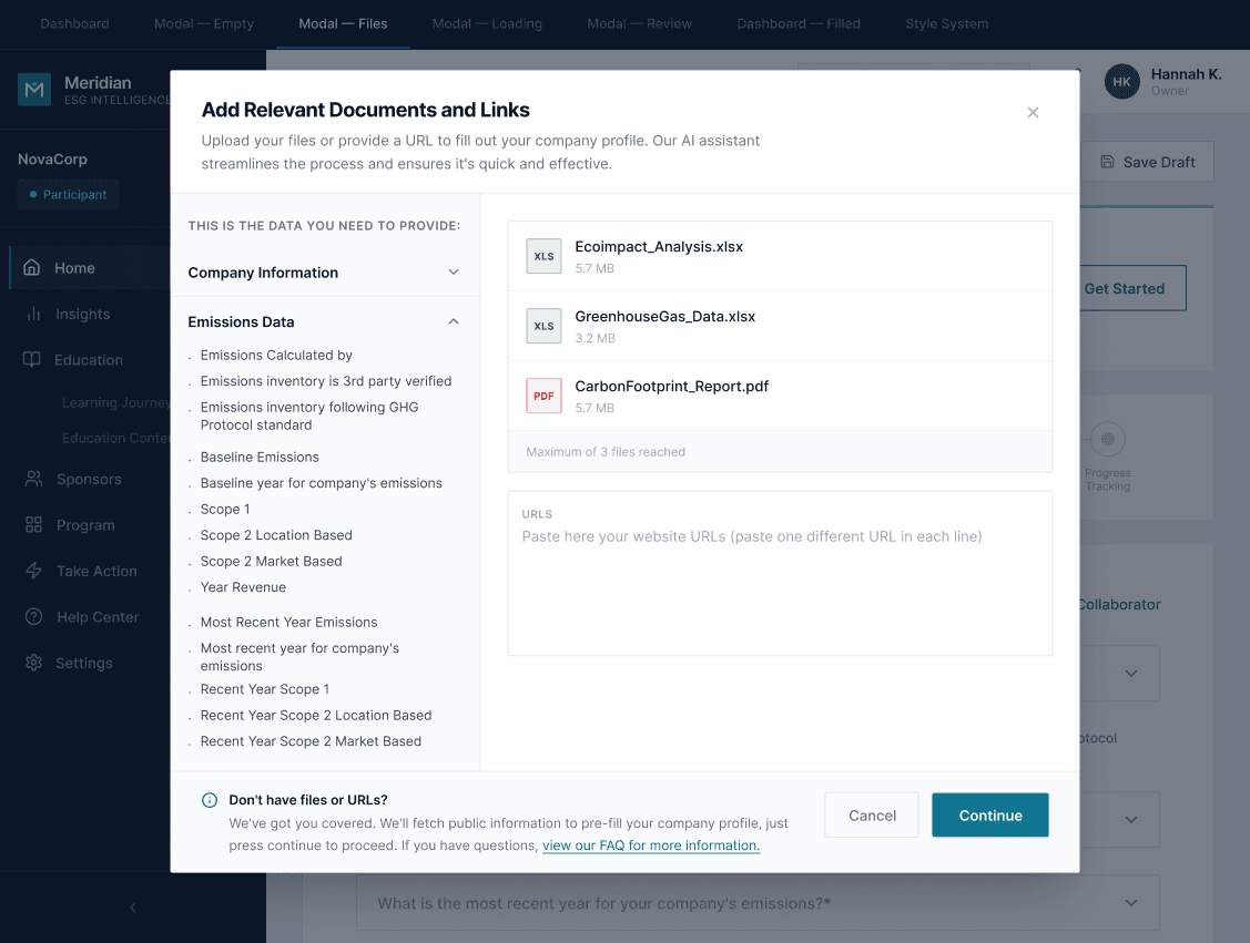 Document selection modal — users can combine multiple sources (PDFs, presentations, Excel, CSV, or web links) in a single import session