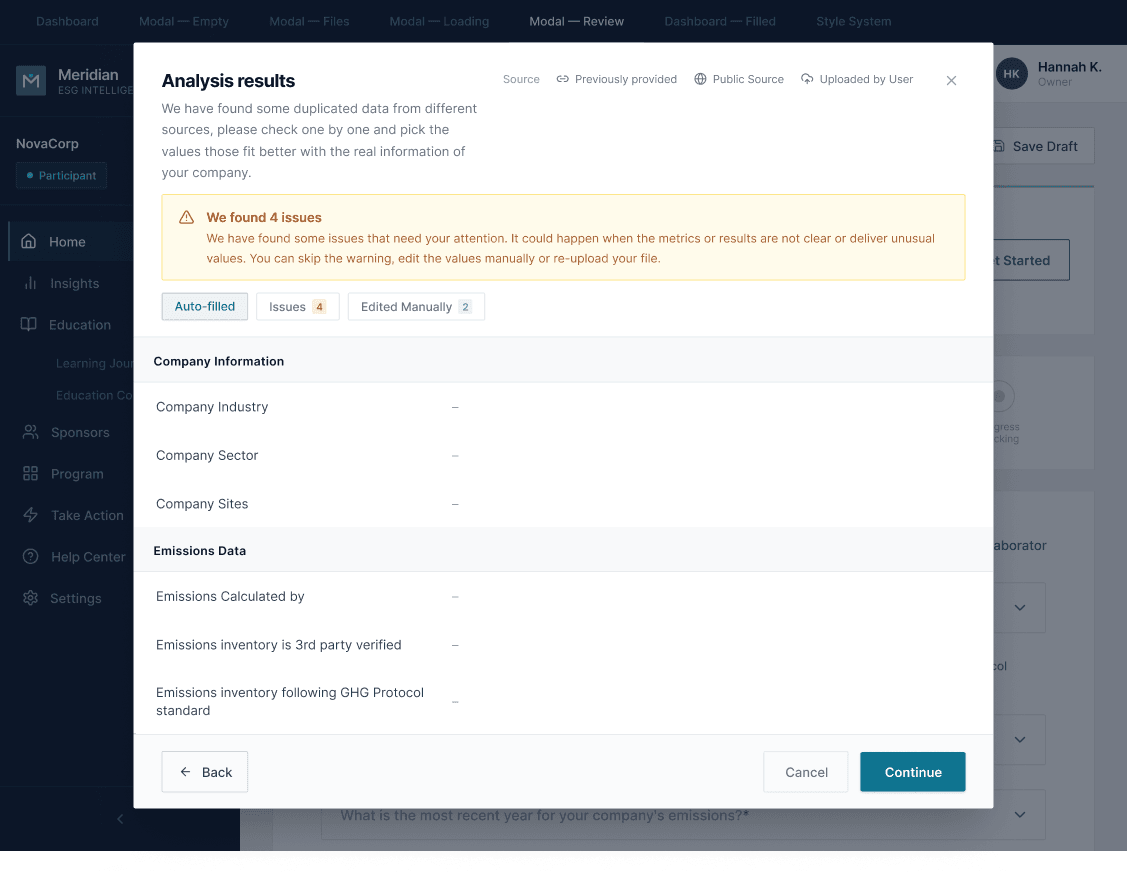 Analysis results screen — green left borders for confirmed fields, orange borders for conflicts requiring Edit or Accept, tabs organizing output into Auto-filled, Issues, and Edited Manually